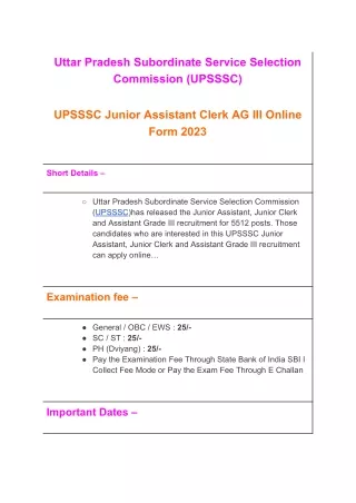 UPSSSC Junior Assistant Clerk AG III Online Form 2023