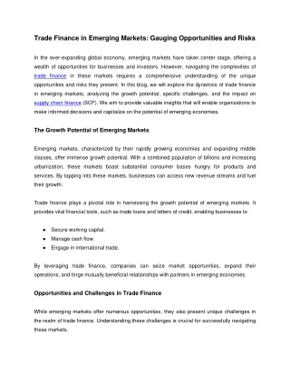 Trade Finance in Emerging Markets- Gauging Opportunities and Risks