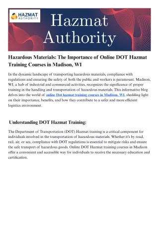 Hazardous Materials The Importance of Online DOT Hazmat Training Courses in Madison, WI