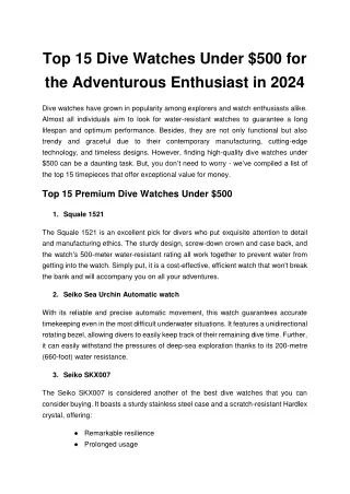 Top 15 Dive Watches Under $500 for the Adventurous Enthusiast in 2024