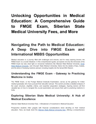 Unlocking Opportunities in Medical Education A Comprehensive Guide to FMGE Exam, Siberian State Medical University Fees,