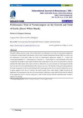 Performance Trial of Vermicompost on the Growth and Yield of Garlic