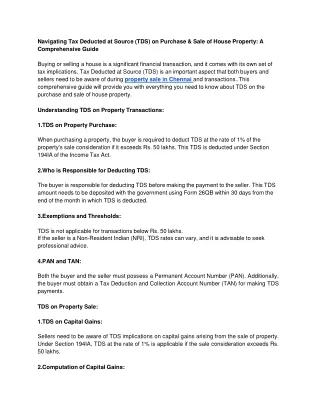 Navigating Tax Deducted at Source (TDS) on Purchase & Sale of House Property