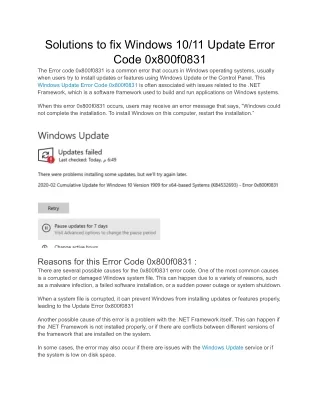 Solutions to fix Windows 10_11 Update Error Code 0x800f0831