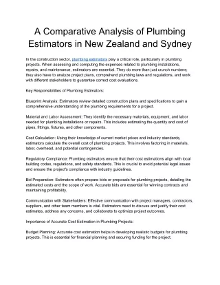 A Comparative Analysis of Plumbing Estimators in New Zealand and Sydney