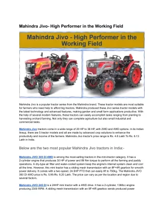 Mahindra Jivo- High Performer in the Working Field
