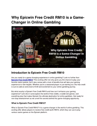 Why Epicwin Free Credit RM10 is a Game-Changer in Online Gambling