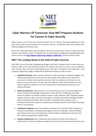 Cyber Warriors Of Tomorrow: How NIET Prepares Students For Careers In Cyber Secu