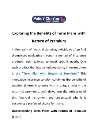 Exploring the Benefits of Term Plans with Return of Premium