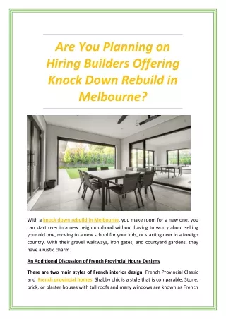 Are You Planning on Hiring Builders Offering Knock Down Rebuild in Melbourne?