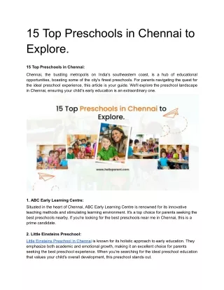 15 Top Preschools in Chennai to Explore