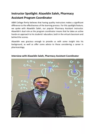 Instructor Spotlight - Alaaeldin Saleh, Pharmacy Assistant Program Coordinator