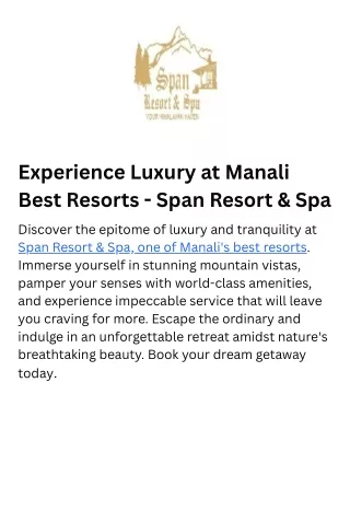 Experience Luxury at Manali Best Resorts - Span Resort & Spa