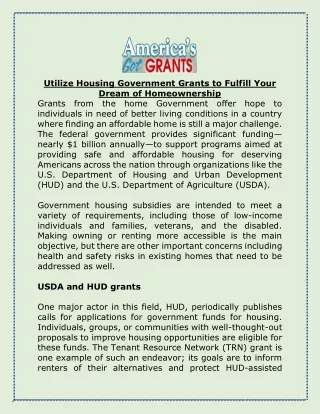 Utilize Housing Government Grants to Fulfill Your Dream of Homeownership