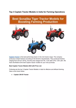 Top 3 Captain Tractor Models in India for Farming Operations