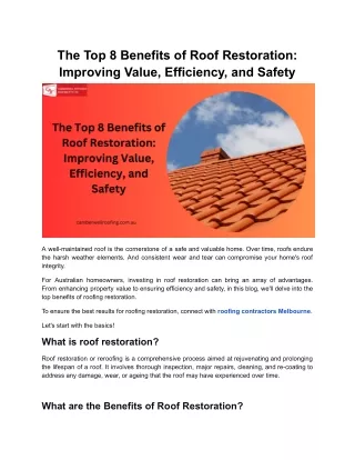 The Top 8 Benefits of Roof Restoration: Improving Value, Efficiency, and Safety