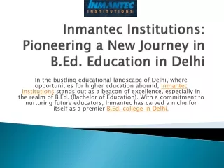 Inmantec Institutions: Pioneering a New Journey in B.Ed. Education in Delhi