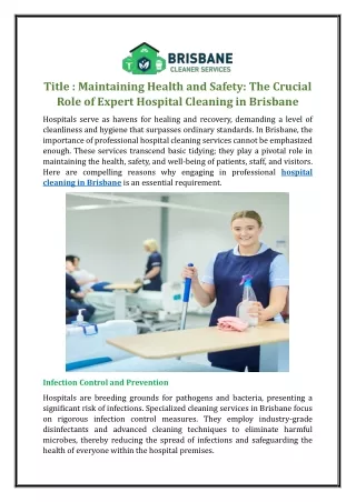 Maintaining Health and Safety: The Crucial Role of Expert Hospital Cleaning in B
