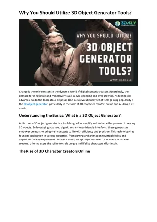 Why You Should Utilize 3D Object Generator Tools