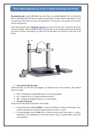 Three Main Objectives to Factor in When Choosing A 3D Printer