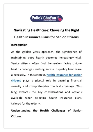 Navigating Healthcare Choosing the Right Health Insurance Plans for Senior Citizens