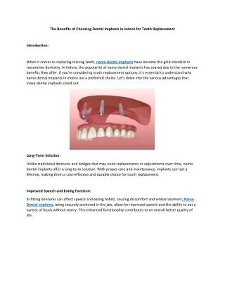 The Benefits of Choosing Dental Implants in Indore for Tooth Replacement