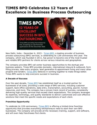 Times BPO Celebrates 12 Years of Excellence in Business Process Outsourcing Hindustan Times