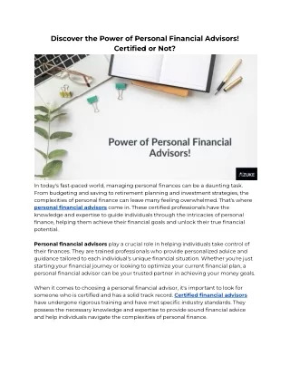Discover the Power of Personal Financial Advisors! Certified or Not?