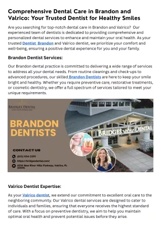 Comprehensive Dental Care in Brandon and Valrico Your Trusted Dentist for Healthy Smiles