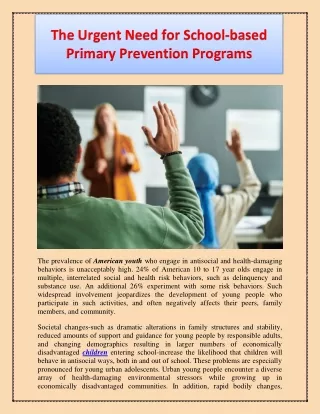 The Urgent Need for School-based Primary Prevention Programs