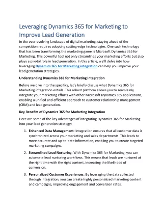 Leveraging Dynamics 365 for Marketing to Improve Lead Generation