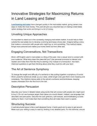 Innovative Strategies for Maximizing Returns in Land Leasing and Sales