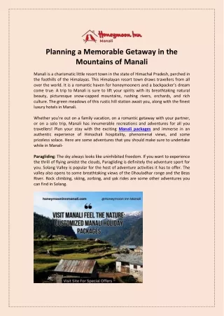 Planning a Memorable Getaway in the Mountains of Manali