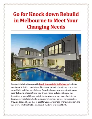 Go for Knock down Rebuild in Melbourne to Meet Your Changing Needs