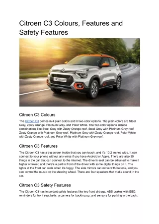 Citroen C3 Colours, Features and Safety Features