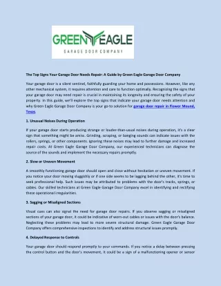 The Top Signs Your Garage Door Needs Repair - A Guide by Green Eagle Garage Door Company