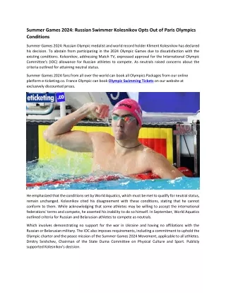 Summer Games 2024 Russian Swimmer Kolesnikov Opts Out of Paris Olympics Conditions