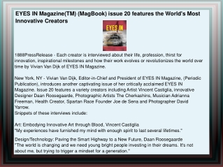 EYES IN Magazine(TM) (MagBook) issue 20 features the World's