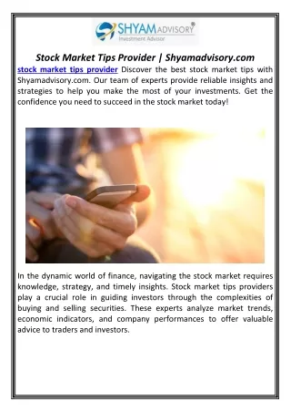 Stock Market Tips Provider | Shyamadvisory.com