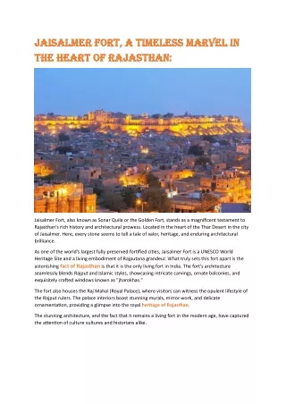Jaisalmer Fort a Timeless Marvel in the Heart of Rajasthan