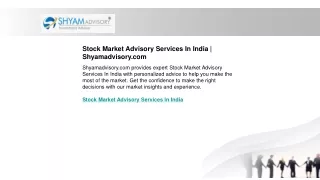 Stock Market Advisory Services In India | Shyamadvisory.com