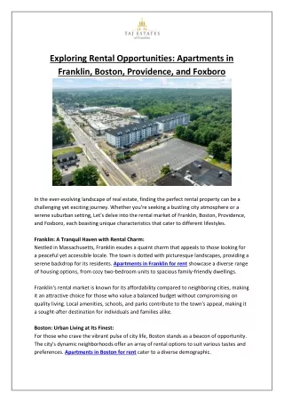 Exploring Rental Opportunities- Apartments in Franklin, Boston, Providence, and Foxboro