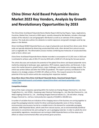 China Dimer Acid Based Polyamide Resins Market