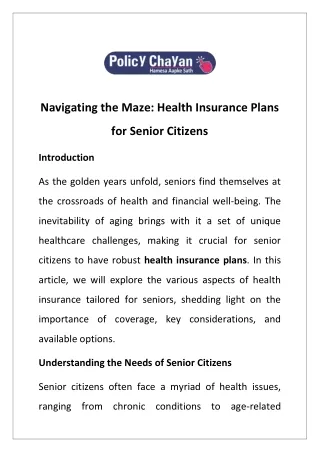 Navigating the Maze: Health Insurance Plans for Senior Citizens