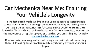 Car Mechanics Near Me Ensuring Your Vehicle's Longevity