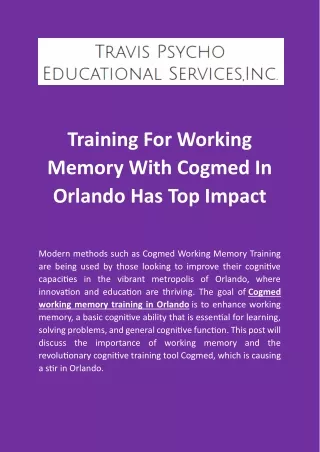 Training For Working Memory With Cogmed In Orlando Has Top Impact