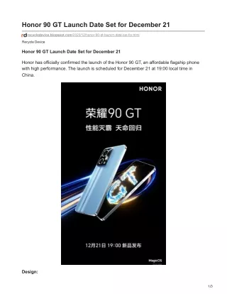 Honor 90 GT Launch Date Set for December 21