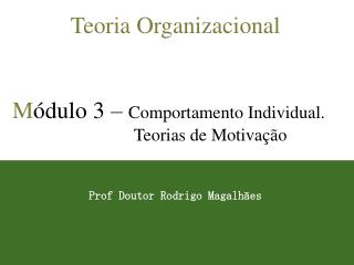 Teoria Organizacional M ódulo 3 – Comportamento Individual. Teorias de Motivação Prof Doutor Rodrigo Magalhães
