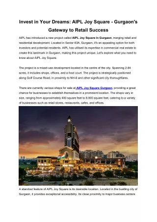 Invest in Your Dreams AIPL Joy Square - Gurgaon's Gateway to Retail Success