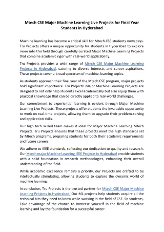 Mtech CSE Major Machine Learning Live Projects for Final Year Students in Hyderabad